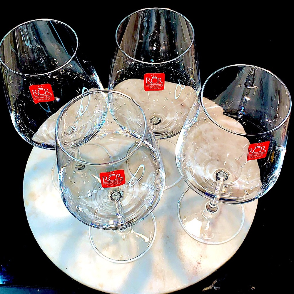 RCR CRISTALLERIA ITALIANA WINE GOBLETS 14.75 oz SET OF 4 CLEAR GLASS ITALY